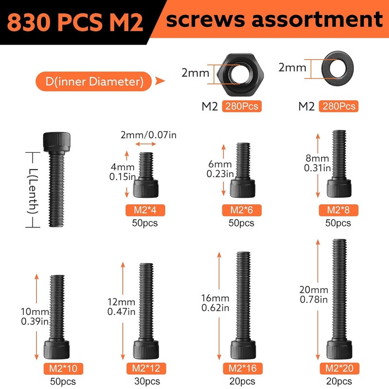 Hapric 830 Pcs M2 Screws Kit Metric Bolts Kit M2*4mm/6mm/8mm/10mm/12mm/16mm/20mm Machine Screw Kit, 12.9 Alloy Steel Black Zinc Plated Hex Socket Head Screws Nuts Bolts and Washers Set - Image 2
